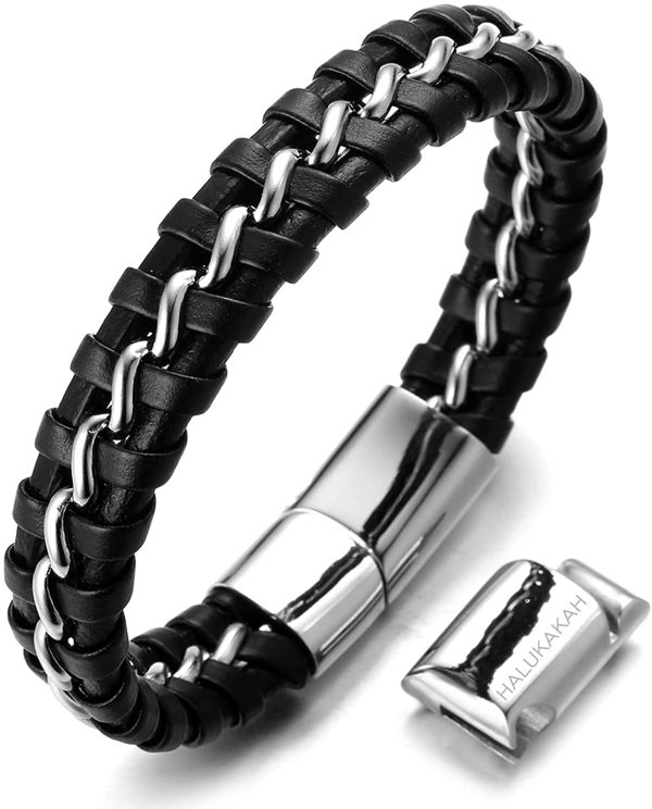 HALUKAKAH Kids ?? Solo Junior ?? Boy's Genuine Leather Bracelet Black 6-12+3 Y/O. Titanium Silver Chain Magnetic Clasp Size Adjustable 7"-7.7"(18-19.5cm) with Free Giftbox