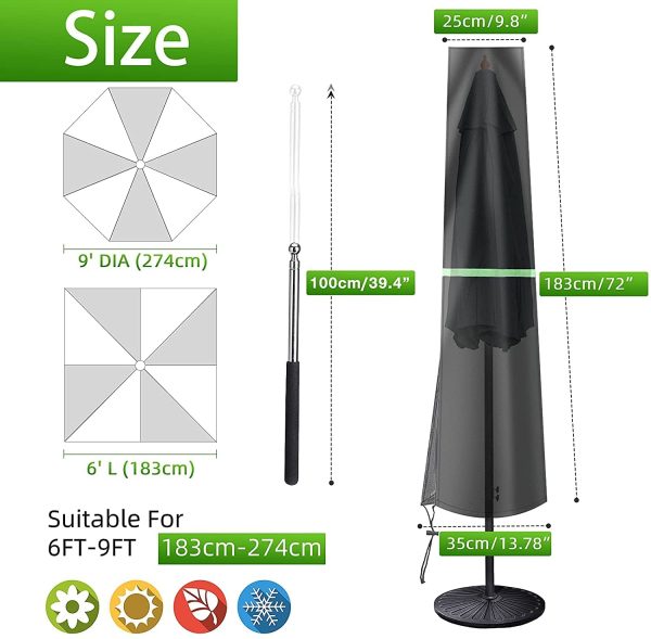 GEMITTO Parasol Cover with Rod, Patio Table Umbrella Protection Cover for 2-3.6m Diameter Large Parasol, New 420D Parasol Protector with Zipper Telescopic Pole, Waterproof Anti-UV 183x25/35cm - Image 8