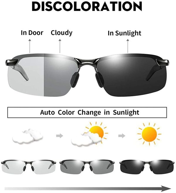 Polarized Photochromic Outdoor Sports Safety Sunglasses for Men and Women Anti Glare UV400 Protection for Day and Night Driving Cycling Ski Golf Running Cycling Fishing Eyewear Ultra-Light Sun Glasses