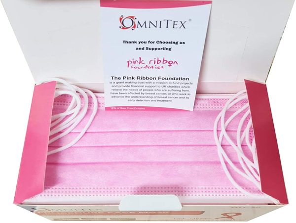 Omnitex Pink for Breast Cancer | 3ply Premium Type IIR Disposable Surgical Face Mask | EN14683:2019 | 98% Filtration, Fluid Resistant, Medical Face Mask 2R with Ear Loops - Pack 50