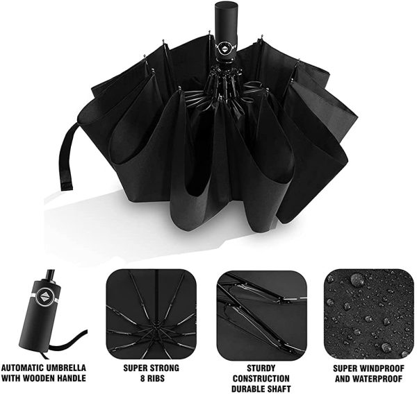 Folding Umbrella, Automatic Open/Close Umbrella, 10 Ribs Travel Umbrella with Teflon Coating, Ergonomic Handle, Strong and Portable Rain Umbrella for Mens Women - Image 5