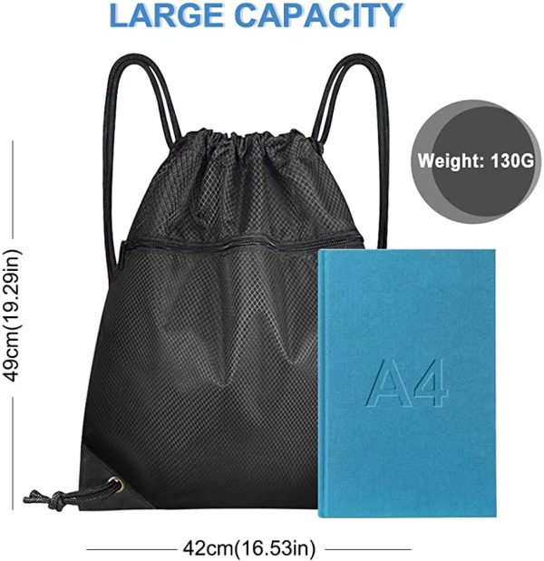 Drawstring Bag, Czyan Sport Sack PE Bag Waterproof Large Drawstring Sports Backpack for Women Men, with Inside and Outside Zipper Pockets for Sports School Beach Holidays Swimming Travel