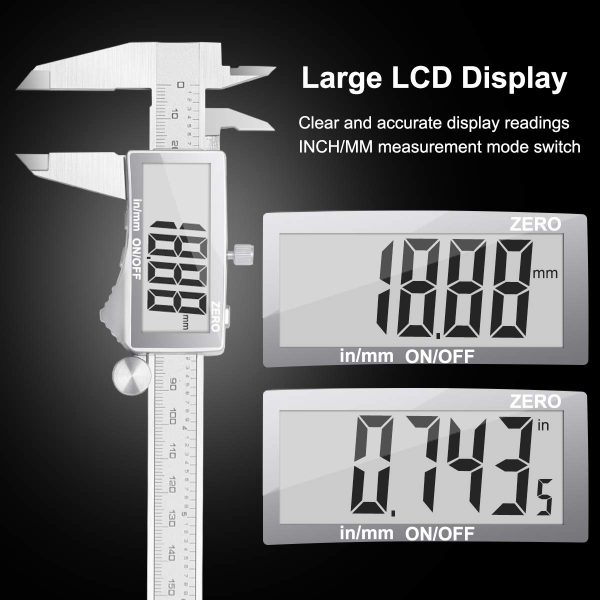 Digital Vernier Caliper, Preciva Electronic Caliper 150mm with Extraordinary LCD Screen, Digital Precision Measuring Tool Micrometer Stainless Steel with Mm/Inch Conversion, Splash Resistant (Middle) - Image 6