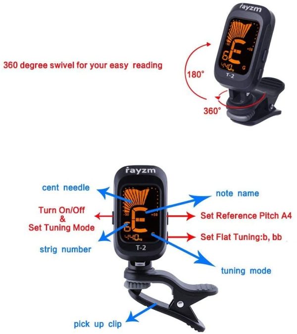 Rayzm Guitar Tuner, Clip-on Tuner for Chromatic/Guitar/Bass/Ukulele/Violin, Large Note Name on Clear LCD Screen for Easy Reading, Calibrated Pitch, Battery Included, Auto Power Off - Image 2