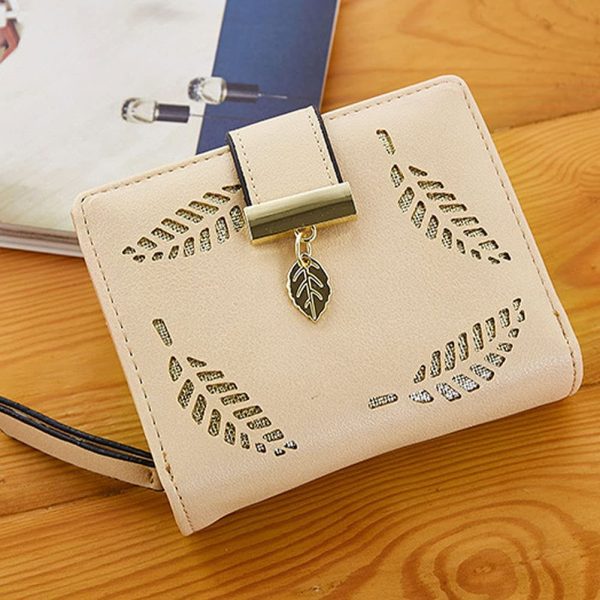 Leather Short Purse, Cute Women Leather Wallet Purses Women Fashion Short Purse Ladies Purse Clutch Holder Case Leaf Pendant Coin Zipper Short Purse( Beige ) - Image 6