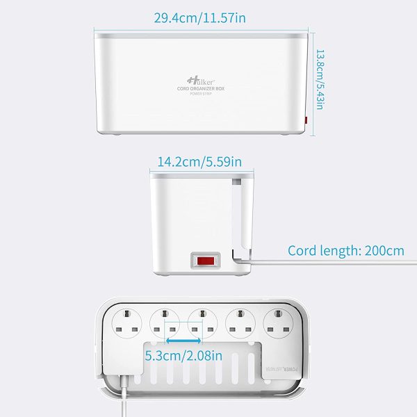 Hulker Extension Lead with USB Slots 5 Way Outlets 3 USB Ports Extension Cable Tidy Box Socket Extension with Overload Protection 3250W 13A Extension Cord 2M Power Strip Cable Management Box White - Image 4