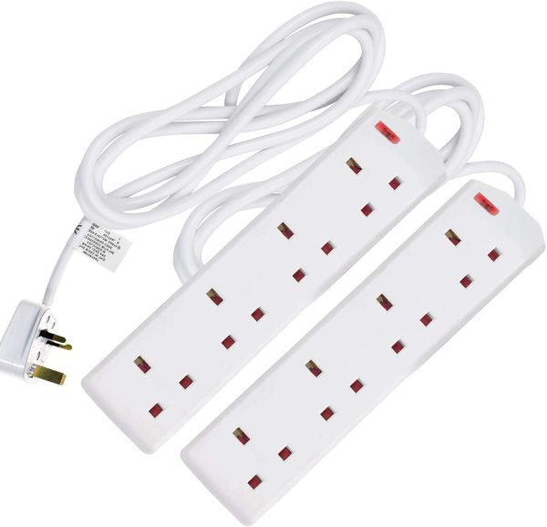 Extension Lead UK Pin Plug and Cable, 4 Gang Way 2m Power Adapter, Multi Socket Mains Strip White (2 Pack)