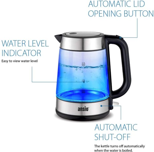 Electric Kettle Glass Kettle 1.7L Cordless 2200W Removable Filter, Boil Dry Protection & Auto Shut Off, LED Light Ring, Thermostat and Strix Controller - Image 6