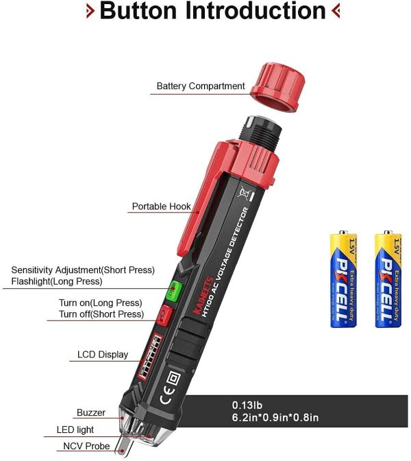 KAIWEETS HT100 Voltage Tester, Dual-Range 12V-1000V/48V 1000V Non-Contact Electrical Tester, Voltage Sensitivity Electric Compact Pen with NCV, LED Flashlight, Buzzer Alarm, Wire Breakpoint Finder