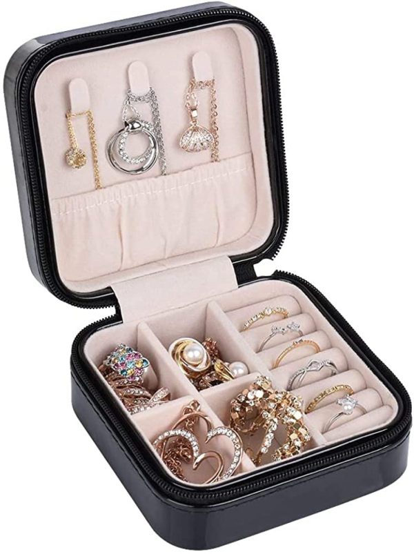 Simple Jewelry Box Ring Earring Storage Box Zipper Flip Easy Carry Small Jewelry Box (Black) - Image 3