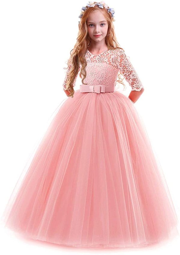 IWEMEK Flower Girls 3/4 Sleeve Floral Lace Tulle First Communion Pageant Dresses Kids Big Girls Princess Birthday Carnival Christmas Bridesmaid Wedding Party Prom Ball Gown 2-14 Years - Image 2