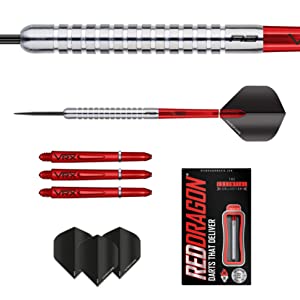 Red Dragon Darts Set Tungsten Hell Fire Silver Black Grooved Flights Stems Shafts