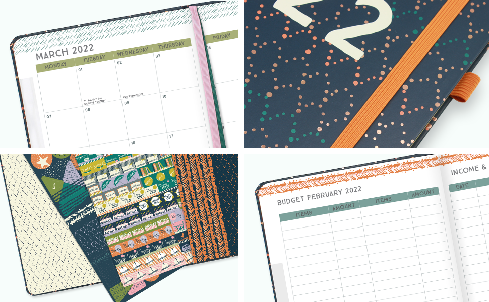 Close-ups of the ribbon page markers, elastic bandeau, pen loop, reminder stickers and budget pages.