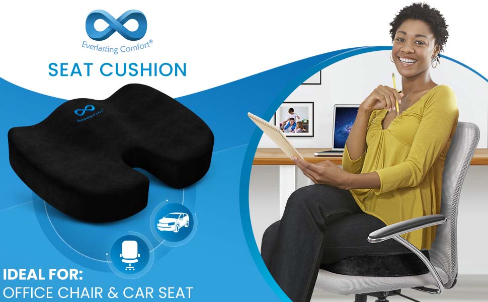 Woman sitting on tailbone cushion with icons showing it's ideal for office chairs and car seats