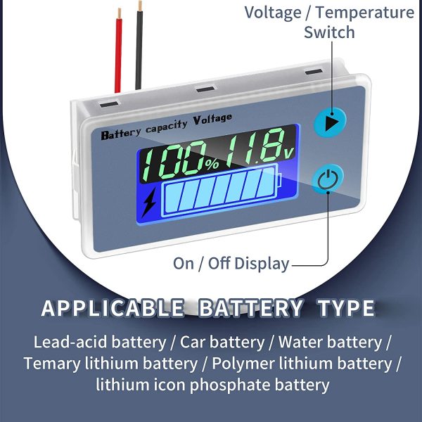 Multifunction LCD Battery Monitor, 10-100V Digital Battery Capacity Tester, Percentage Level Voltage Temperature Switch Meter Gauge LCD Display Marine RV Battery Power Indicator Panel