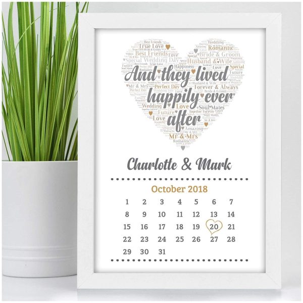 Personalised Wedding Gifts for Bride & Groom And They Lived Happily Ever After Wedding Calendar Date Keepsake Gifts - A5, A4, A3 Prints and Frames - Image 3