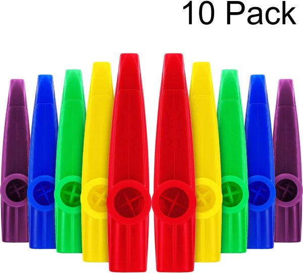 Plastic Kazoos Musical Instruments with Kazoo Flute Diaphragms for Gift, Prize and Party Favors, 5 Colors (10 Pieces)