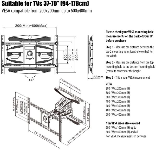 Invision Ultra Strong TV Wall Bracket Mount Double Arm Tilt & Swivel for 37-70 Inch (94-178cm) LED LCD OLED Plasma & Curved Screens - Up to VESA 600mm(w) x 400mm(h) - Max Load 50kg (HDTV-DXL) - Image 7