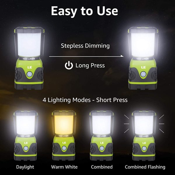 LE Camping Lantern, 1000 Lumen LED Outdoor Lights, 4 Modes Battery Powered Emergency Light, Water Resistant Tent Light for Camping, Hiking, Fishing, Power Cuts and More - Image 4