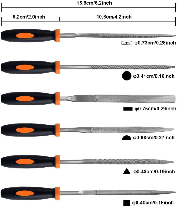 Needle File Set,  6 PCS Mini File Set, Carbon Steel File Set with Handle, Including Flat, Pointed, Half Round, Square, Round, Triangle, Suitable for Metal, Wood, Glass, Plastics, etc. (6pcs) - Image 6