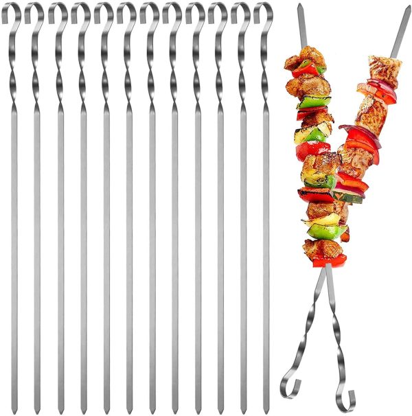 Maridergo Kebab Skewers, 12PCS Stainless Steel BBQ Kebab Meat Skewers Set, Flat Barbecue Shish Kebab Stick for Meat Vegetables - Image 2