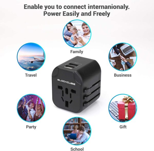 iBlockCube Worldwide Travel Plug Adapter with 2 USB 2.4A Charging Ports, International Universal AC Socket, Dual Safety Fuse, Chip Protector for US UK EU AU Mobile Phone Tablet Laptop Gadget (Black) - Image 4