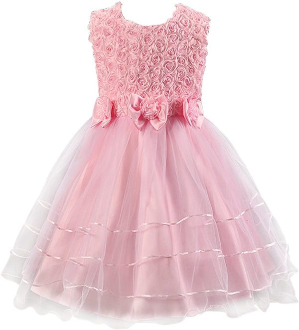 Discoball Girls Rose Flower Bow Tie Princess Party Dress Tulle Wedding Bridesmaid Christening Dress for Girls - Image 2