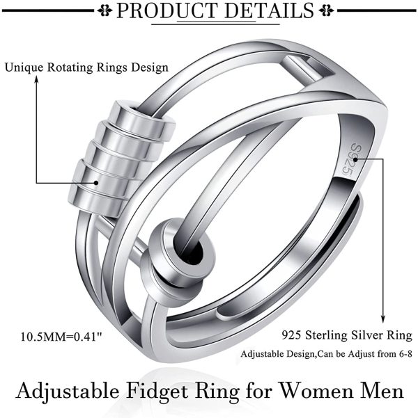 RANKEEF 925 Sterling Silver Adjustable Anxiety Ring for Women Men Peace Fidget Spinner Rings Retro Wedding Promise Thumb Rings for Anxiety Stress Relief Items - Image 2