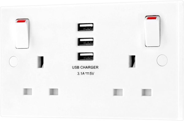 BG Electrical 922u33 Double Switched 13 Amp Fast Power Socket with Three USB Charging Ports, 3.1A, 5 Volts, 15.5 Watts, White - Image 3