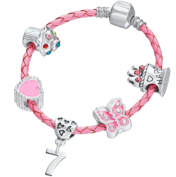 Children's Pink Leather Happy 7th Birthday Charm Bracelet With Gift Box - Girl's & Children's Birthday Jewellery