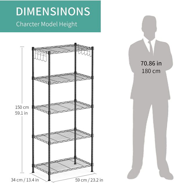 alvorog 5 Tier Shelving Units for Storage, Multipurpose Storage Shelves with 10 Hooks, Adjustable Height, Heavy Duty Metal Structure Organizer Pantry Shelves for Bathroom Kitchen Garage(59X34X150cm)