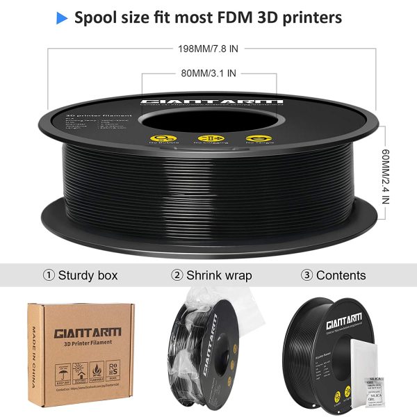 PLA Filament 1.75mm, GIANTARM Classic PLA 3D Printer Filament 1kg Spool Black - Image 6