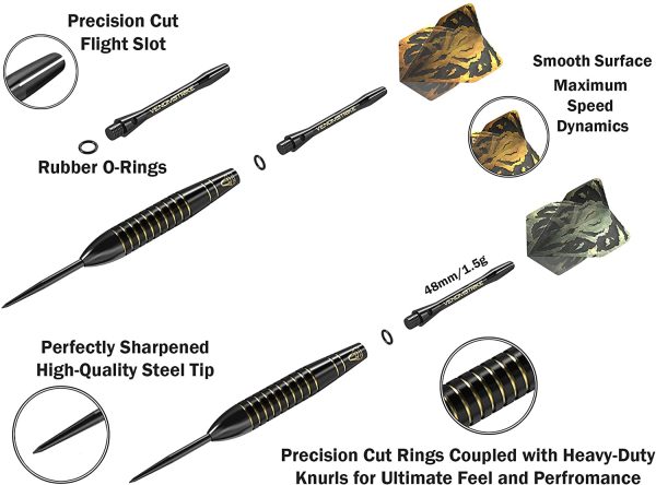 CC-Exquisite Professional Darts Set - 6 Steel Tip Darts Complete with 12 Dart Flights and 12 Aluminum Shafts Customizable Configuration, 12 O-Rings, Tool, Sharpener and Case for Man Cave & Game Room - Image 6