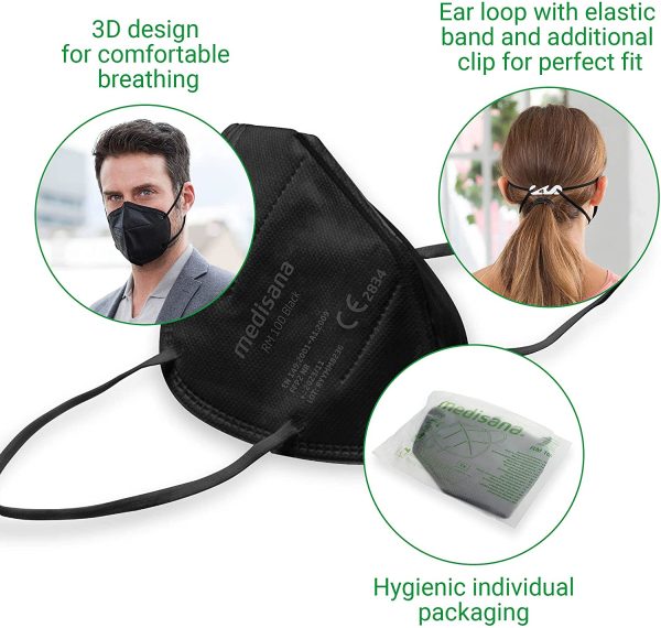 Medisana FFP2 Respirator Mask Black Dust Mask Breathing Mask RM 100 Dust Mask Mouth Mask 10 Pieces Individually Packed in PE Bag with Clip - Certified CE2834 - EU 2016/425 - Image 7