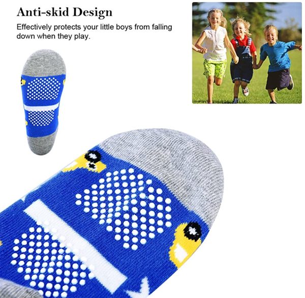 Boys Grips Cotton Ankle Socks - Children Girls Cute Novelty Toddler Infant Warm Anti-slip Cozy Funny Colorful Athletic Sport Multipack 5 Pairs for Spring Summer Autumn Winter Kids Aged 0-12