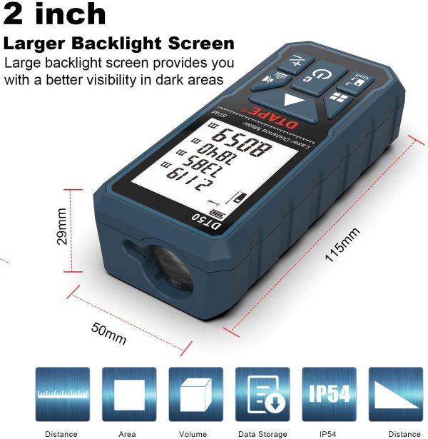 Laser Measure 50M, DTAPE DT50 Laser Distance Meter 165ft, Portable Handle Digital Measure Tool Range Finder, Larger Backlit LCD 4 Line Display IP54 Shockproof Battery Included - Image 5