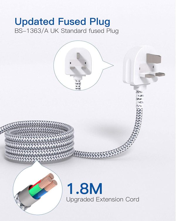 Extension Lead with USB Slots??6 Way Outlets 5 USB(5A, 1 USB- C and 4 USB-A Port) with 1.8M Braided Extension cord, 3250W Overload Protection??Security Surge Protection Plug Extension Socket - Image 3