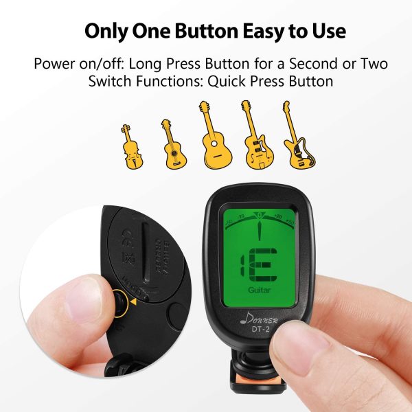 Donner Guitar Tuner Clip on DT-2 Chromatic Digital Tuner Acoustic Guitars, Banjo, Ukulele, Violin, Bass