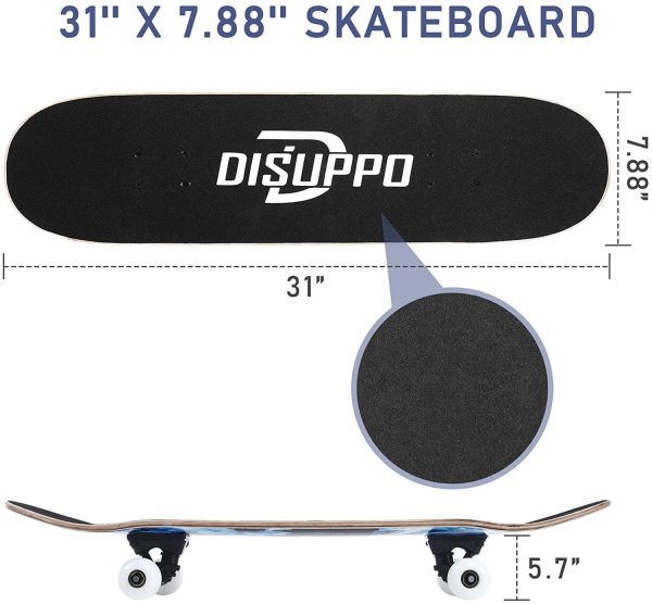 DISUPPO Skateboards,31" x 8"Complete Standard Skate Board for Beginners,7 Layer Canadian Maple Double Kick Skateboard for Adults, Boys, Girls, Kids, Teens - Image 3