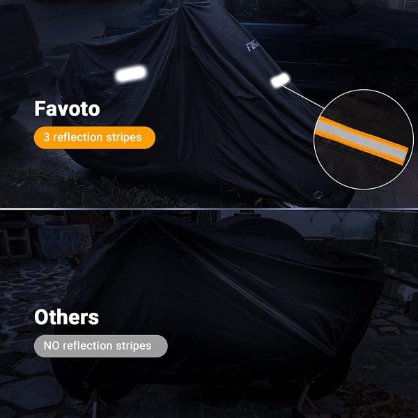 Motorcycle Cover All Season 210T Waterproof Motorbike Cover 225cm long UV Scratch Heat-Resistant Outdoor Protection with Night Reflector Lock-Holes Storage Bag fits up to 88.6??Motors black - Image 4