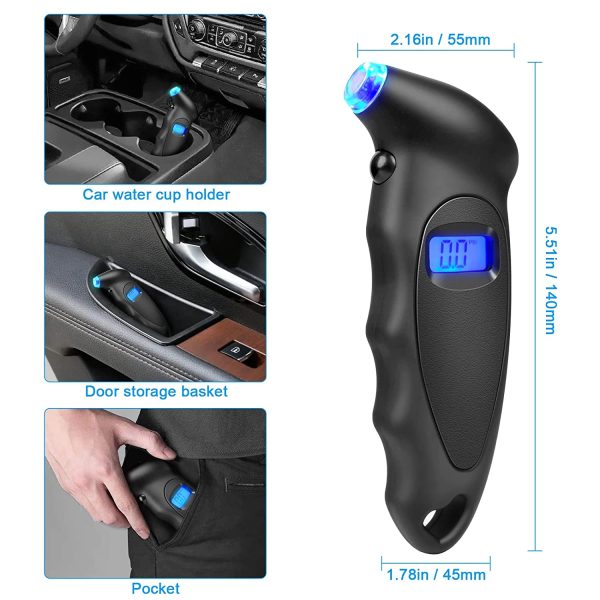 Digital Tyre Pressure Gauge: Checker Tyre for Car Truck Bicycle Motorbike with Backlit LCD and Non-Slip Grip, Black