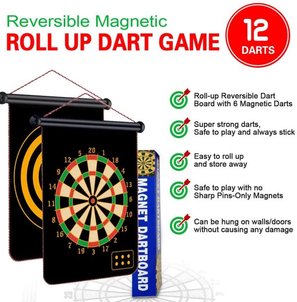 Magnetic Dartboard for Kids, Two Side Board Game Set with 12pcs Darts, Hanging Roller Up Safe Dartboard for Indoor Outdoor Family Game for Kids