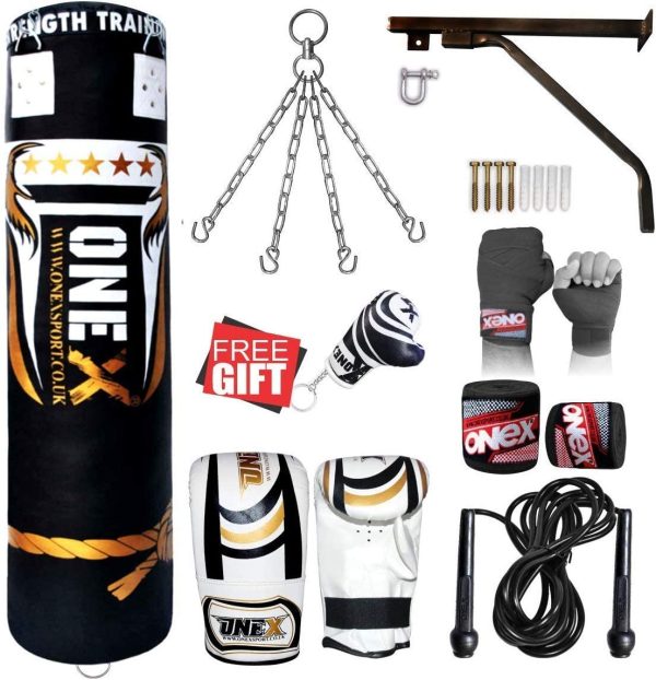 ONEX Heavy Filled 11 Piece 4ft Boxing Punch Bag Set Gloves Bracket Chains MMA Pad Punching Kick Bag