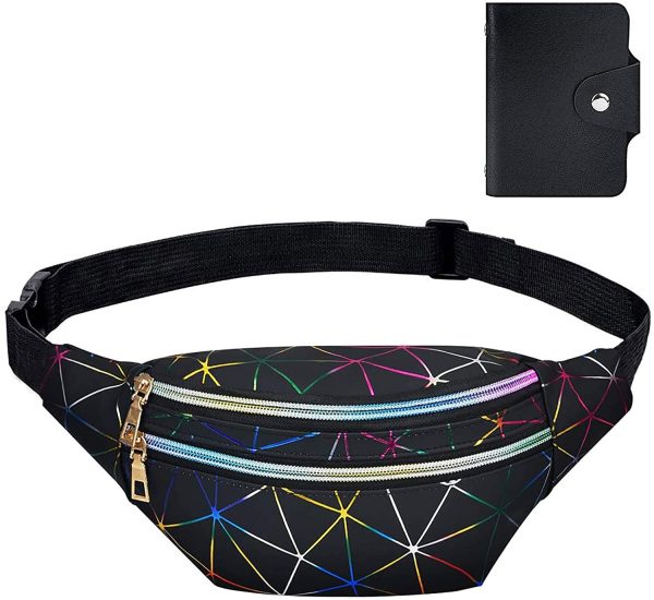 flintronic Waist Bag, Holographic Fanny Pack with PU Leather, Shiny Belt Bag Festival Rave Bumbags for Ladies Travel Party Sports Running Hiking(Black)(1 Business Card Holder Include) - Image 4