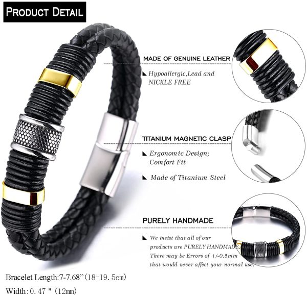 HALUKAKAH Kids ?? Solo Junior ?? Boy's 6-12+3 Y/O. Black Cowhide Leather Bracelet 18k Real Gold/Platinum Plated Titanium Beads Golden Silver Magnetic Clasp Size Adjustable 18-19.5cm with Free GIftbox - Image 7