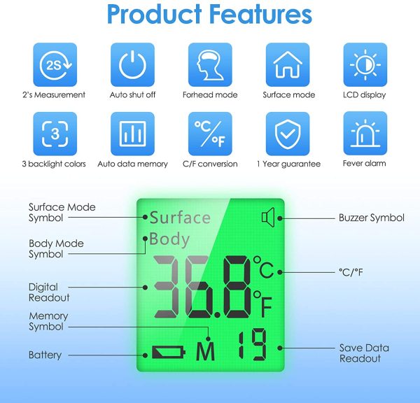 Infrared Forehead Thermometer for Adults, KKmier Professional Non Contact Thermometer Gun Body Temperature Checker, Digital Thermometer for Adults Kids Baby with 99 Readings Memory - Image 4