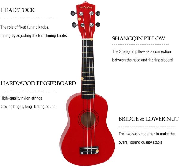 Display4top 21 Inch Soprano Ukulele,Professonial Ukele for Kids Bundle with Gig Bag, Picks,Extra Strings (Red) - Image 6