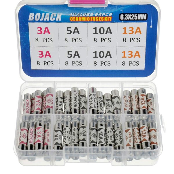 BOJACK 4 Values 64 pcs 3 5 10 13 A amp 240 V Volt Household Mains Plug Fuse 6.3x25 mm 0.25x1Inch BS1362 Ceramic Tube Cartridge Fuses Assortment Kit packag in a Clear Plastic Box - Image 5