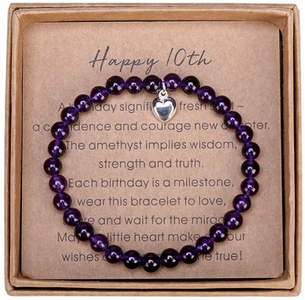 Giuesytic Gifts for 10 Year Old Girl Amethyst Bead Bracelet with Sterling Silver Heart Charm Christmas Birthday Best Gift for 10 Year Old Girl with Card and Gift Box - Image 4