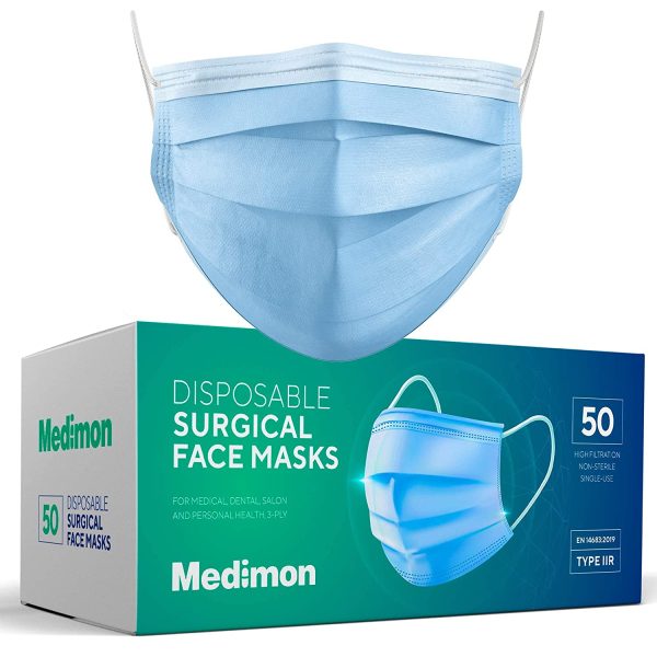 Medimon Medical Grade Type IIR Mask (EN14683:2019 Certified) 98% BFE Filtration 3 Ply Layer Disposable Blue Surgical Face Masks - Fluid Resistant Protection Facemask Covering Nose Clip - 50 Box - Image 3